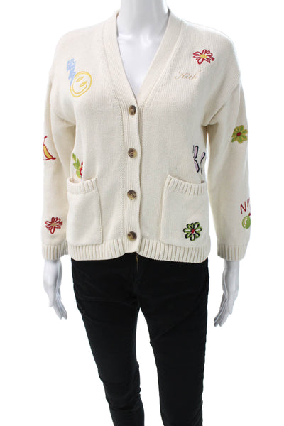 Kith Unisex Kids Cardigan White V-Neck Floral Graphic Cotton Long Sleeve Size L