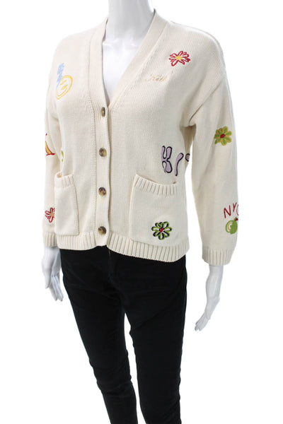 Kith Unisex Kids Cardigan White V-Neck Floral Graphic Cotton Long Sleeve Size L