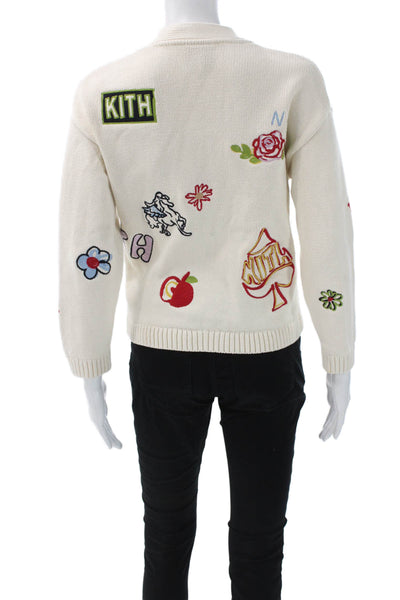 Kith Unisex Kids Cardigan White V-Neck Floral Graphic Cotton Long Sleeve Size L