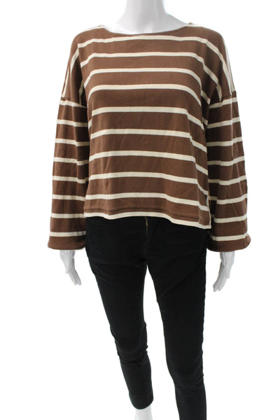 La Ligne Womens Basic Boat Neck Striped Brown Long Sleeve T-Shirt Size M
