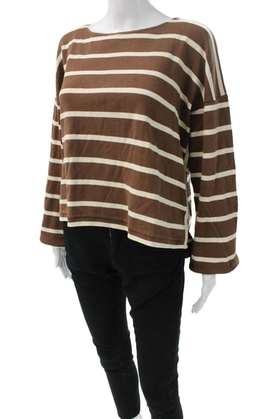 La Ligne Womens Basic Boat Neck Striped Brown Long Sleeve T-Shirt Size M