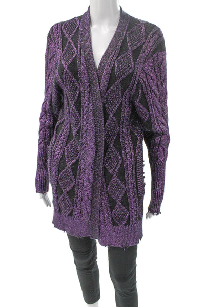 RtA Women Cardigan V-Neck Purple Argyle 100% Cotton Sparkle Long Sleeve Size XS