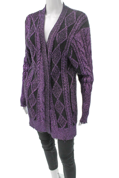 RtA Women Cardigan V-Neck Purple Argyle 100% Cotton Sparkle Long Sleeve Size XS