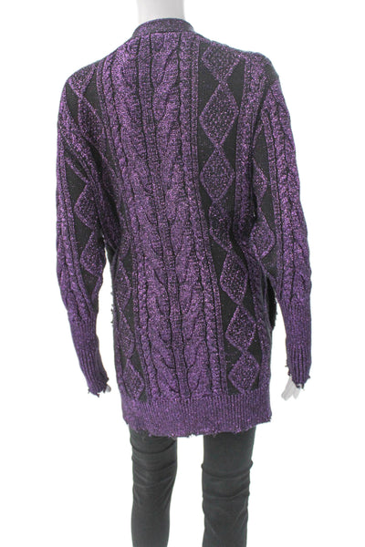 RtA Women Cardigan V-Neck Purple Argyle 100% Cotton Sparkle Long Sleeve Size XS