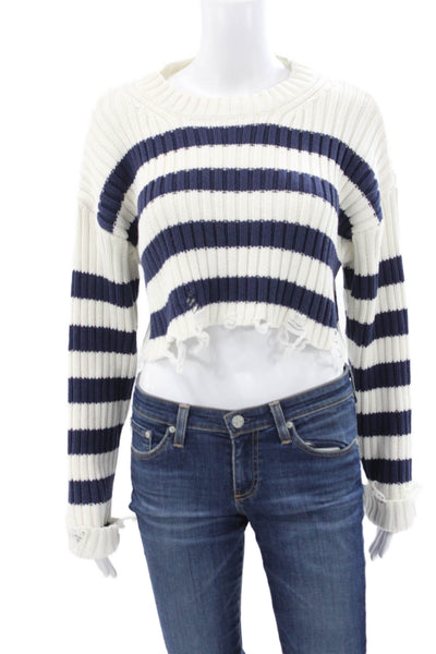Zara Women Pullover Sweater White Striped Cotton Crew Neck Long Sleeve Size M