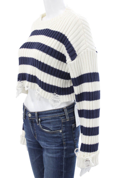 Zara Women Pullover Sweater White Striped Cotton Crew Neck Long Sleeve Size M