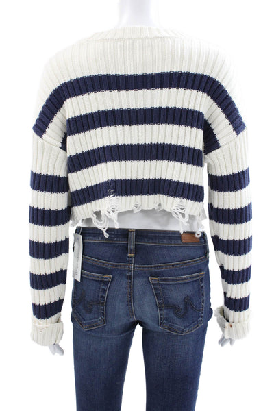 Zara Women Pullover Sweater White Striped Cotton Crew Neck Long Sleeve Size M