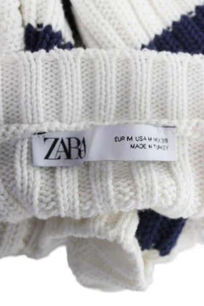 Zara Women Pullover Sweater White Striped Cotton Crew Neck Long Sleeve Size M