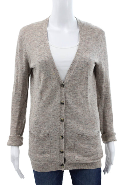Theory Women Cardigan V-Neck Long Sleeve Beige Cotton Petite Size S