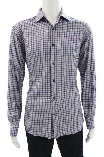 Neiman Marcus Mens Button Down Multicolor Plaid Cotton Long Sleeve Shirt Size L