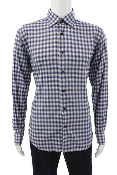 Neiman Marcus Men Button Down Long Sleeve Gingham Blue Cotton Size L