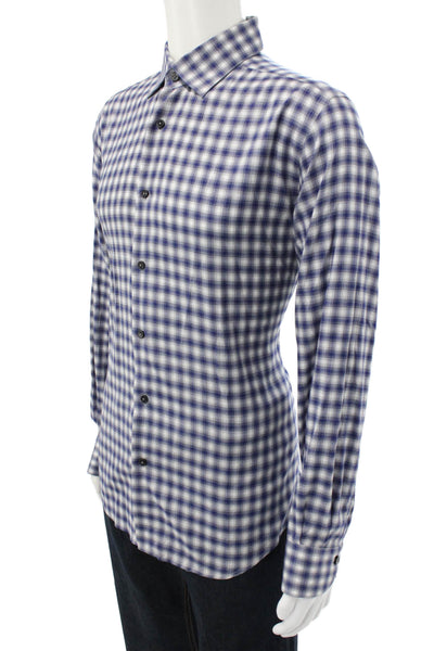 Neiman Marcus Men Button Down Long Sleeve Gingham Blue Cotton Size L