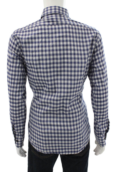 Neiman Marcus Men Button Down Long Sleeve Gingham Blue Cotton Size L