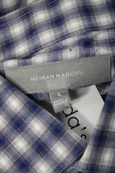 Neiman Marcus Men Button Down Long Sleeve Gingham Blue Cotton Size L