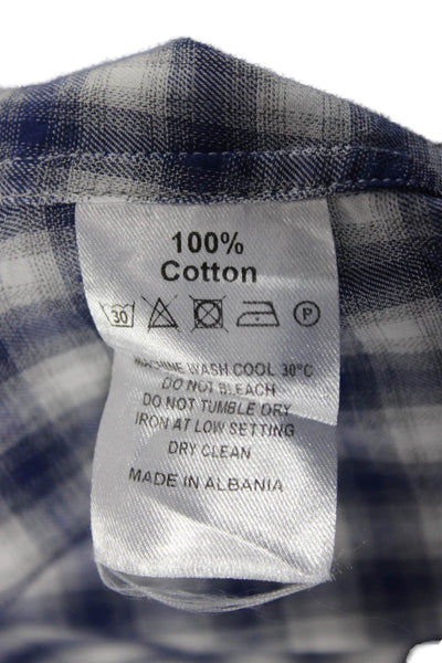 Neiman Marcus Men Button Down Long Sleeve Gingham Blue Cotton Size L