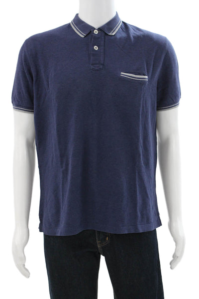 Brunello Cucinelli Mens Short Sleeve Collared Knit Polo Shirt Blue Cotton IT 52