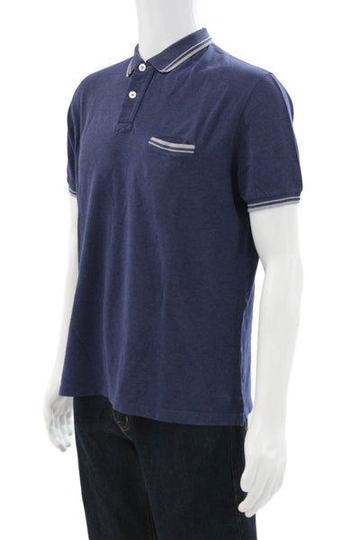 Brunello Cucinelli Mens Short Sleeve Collared Knit Polo Shirt Blue Cotton IT 52