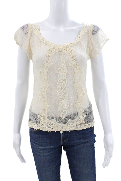 Fei Anthropologie Women Ivory Lace Scoop Neck Short Sleeve Blouse Zip Size 4