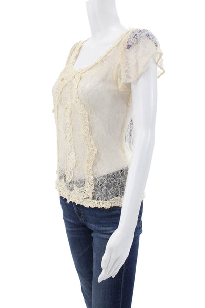 Fei Anthropologie Women Ivory Lace Scoop Neck Short Sleeve Blouse Zip Size 4