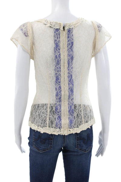 Fei Anthropologie Women Ivory Lace Scoop Neck Short Sleeve Blouse Zip Size 4