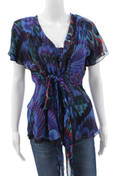 Nanette Lepore Womens Silk Animal Print V-Neck Tie Blouse Short Sleeve Size 4