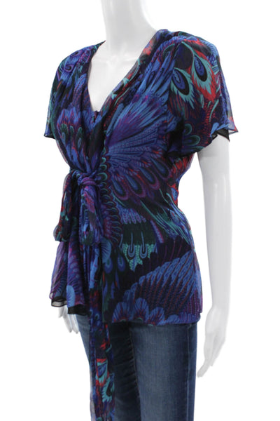 Nanette Lepore Womens Silk Animal Print V-Neck Tie Blouse Short Sleeve Size 4
