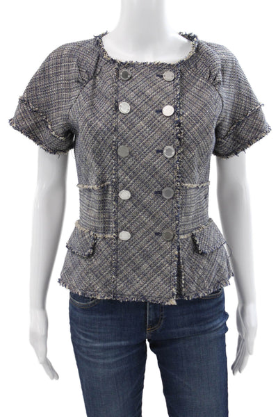 BCBGMAXAZRIA Women Basic Jacket Blue Geometric Cotton Short Sleeve Size S