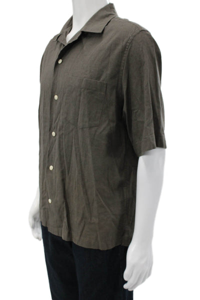 Zara Mens Button Down Short Sleeve Collared Cotton Blend Brown Shirt Size L