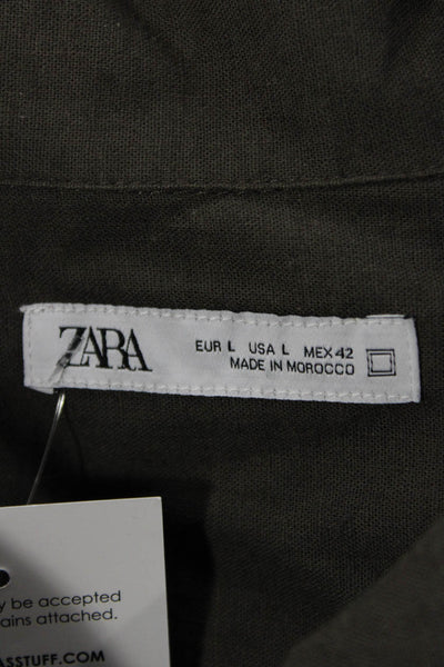 Zara Mens Button Down Short Sleeve Collared Cotton Blend Brown Shirt Size L