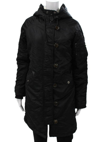 Alpha Industries Inc Womens Black Nylon Military Parka Button Size M