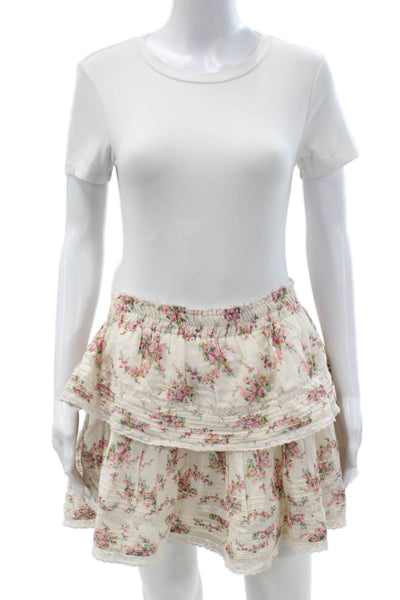 Love Shack Fancy Womens A-Line Ivory Floral Cotton Skirt Short Size L