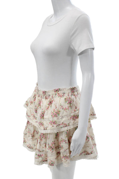 Love Shack Fancy Womens A-Line Ivory Floral Cotton Skirt Short Size L