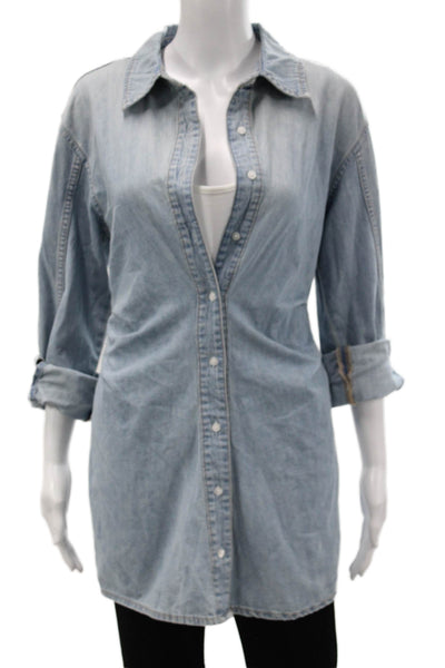 Zara Women Collared Blue Cotton Shirt Dress Button Up Long Sleeve Size XS
