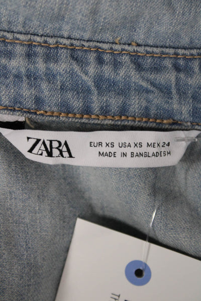 Zara Women Collared Blue Cotton Shirt Dress Button Up Long Sleeve Size XS