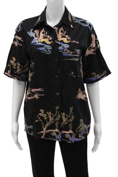 Zara Womens Black Collared Button-Up Cotton Scenic Short Sleeve Top Size XS