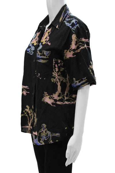 Zara Womens Black Collared Button-Up Cotton Scenic Short Sleeve Top Size XS