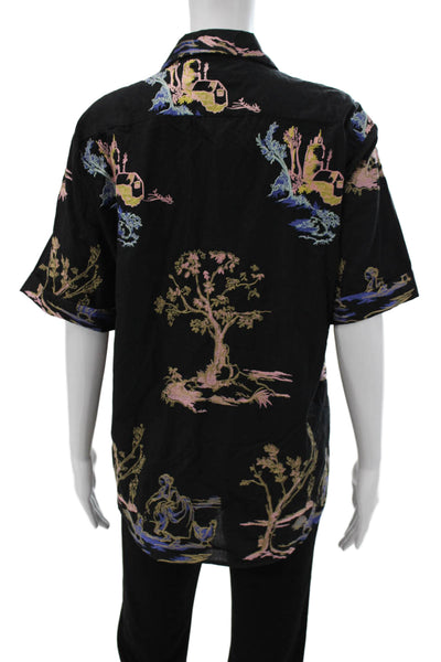 Zara Womens Black Collared Button-Up Cotton Scenic Short Sleeve Top Size XS