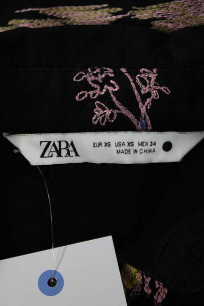 Zara Womens Black Collared Button-Up Cotton Scenic Short Sleeve Top Size XS