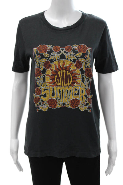 Sandro Womens Black Graphic Tee Crew Neck Short Sleeve Size S