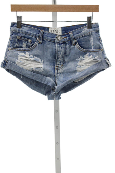 One by One Teaspoon Women Bandits Blue Cotton Button Shorts Size 24
