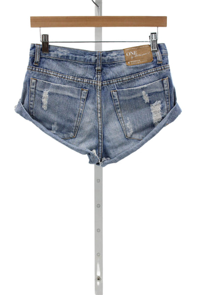 One by One Teaspoon Women Bandits Blue Cotton Button Shorts Size 24
