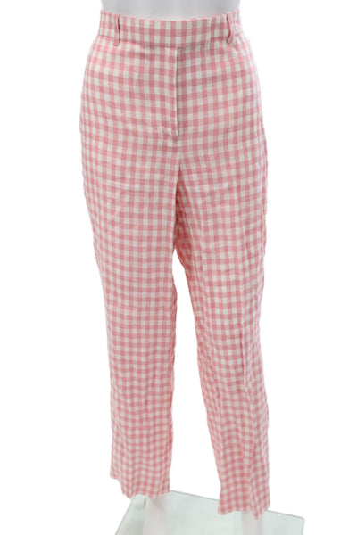 J Crew Women Cropped Check Linen Pants Pink Zip Size 8