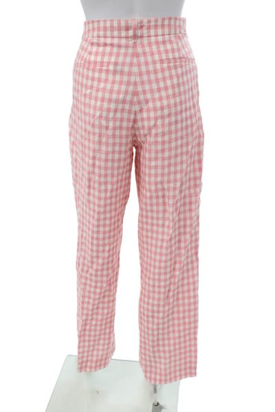 J Crew Women Cropped Check Linen Pants Pink Zip Size 8