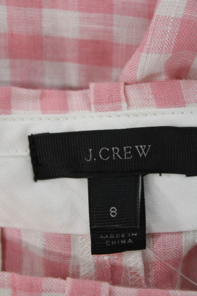 J Crew Women Cropped Check Linen Pants Pink Zip Size 8