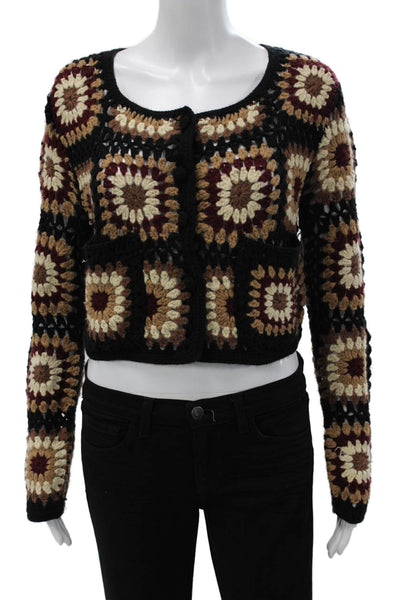 Zara Womens Black Geometric Granny Square Cardigan Acrylic Long Sleeve Size M