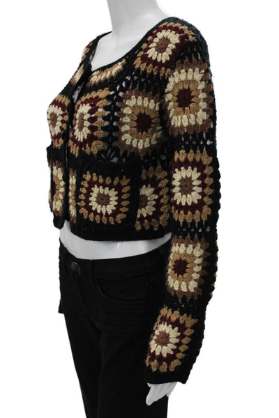Zara Womens Black Geometric Granny Square Cardigan Acrylic Long Sleeve Size M
