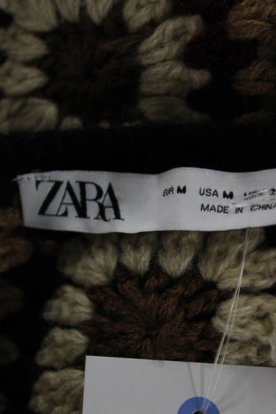 Zara Womens Black Geometric Granny Square Cardigan Acrylic Long Sleeve Size M