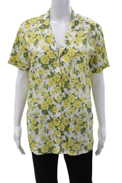 ONIA Women Collared Floral Cotton Short Sleeve Blouse Button Size L