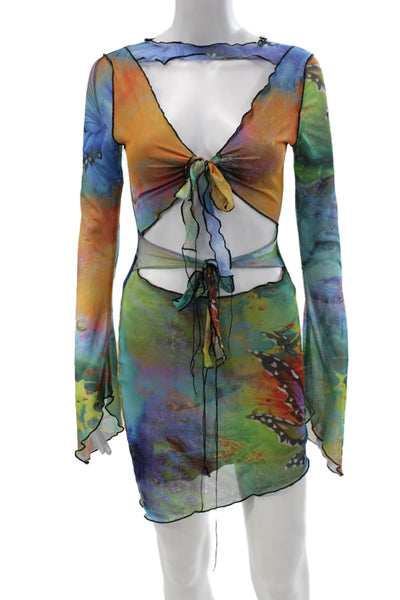 Jaded Womens Mini Dress Multicolor V-Neck Tie Long Sleeve Y2K Size S
