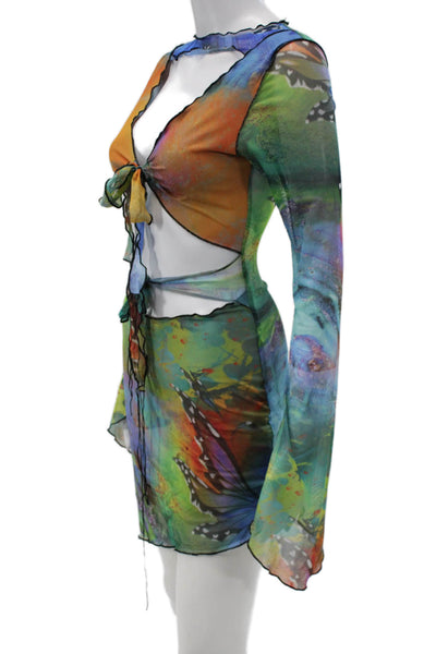 Jaded Womens Mini Dress Multicolor V-Neck Tie Long Sleeve Y2K Size S